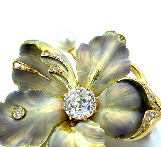 Broche Broche Art Nouveau or, émail, diamants et perle 58 Facettes