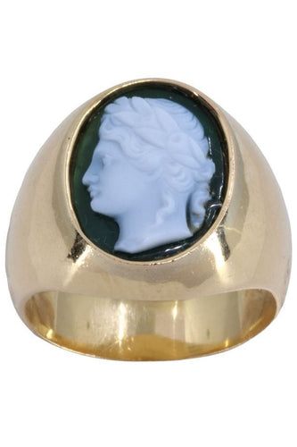 Bague CHEVALIÈRE ANCIENNE AGATE VERTE 58 Facettes 069421