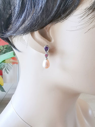 Boucles d'oreilles Pendantes perles de culture, améthystes, tourmalines 58 Facettes AA 1559