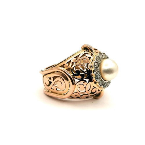 Bague 61 Bague or jaune perle et diamants 58 Facettes 2549