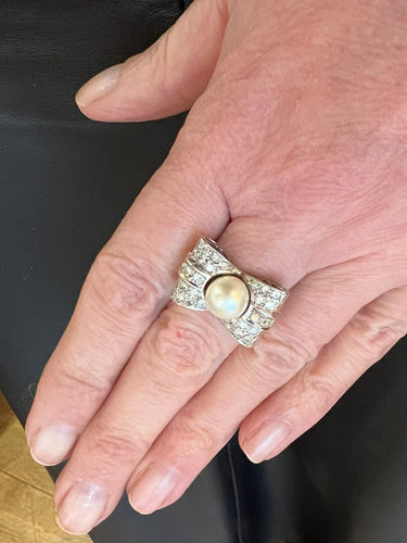 Bague 56 Bague Tank Perle, Diamants, Or Gris 18 cts 58 Facettes BD177