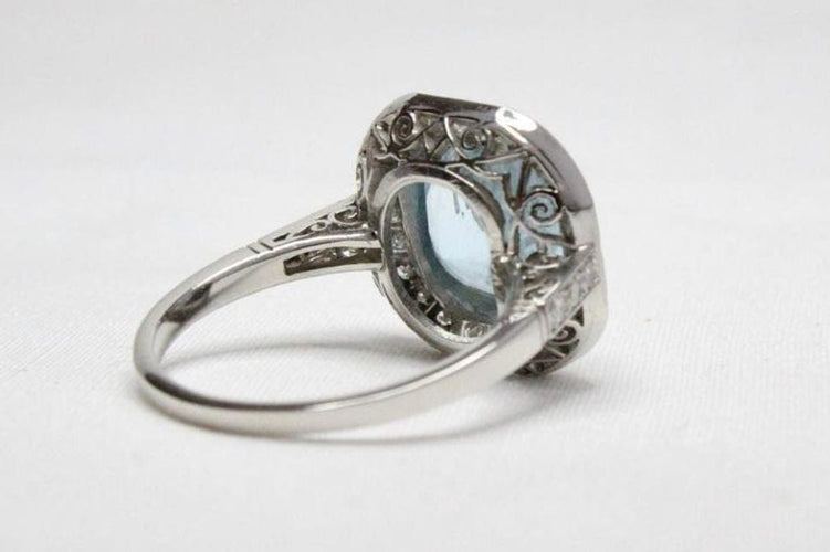 Bague 56 Bague style Art Déco Platine Aigue-marine et Diamants. 58 Facettes