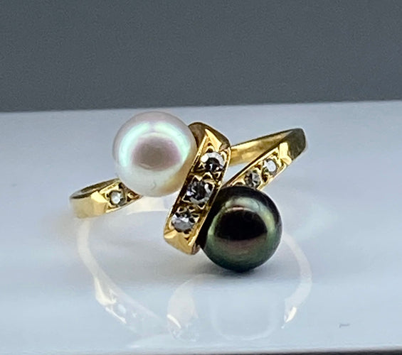 Bague 50.5 Bague en or jaune 18 carats, perle de Tahiti, perle de culture blanche et diamants 58 Facettes AB264