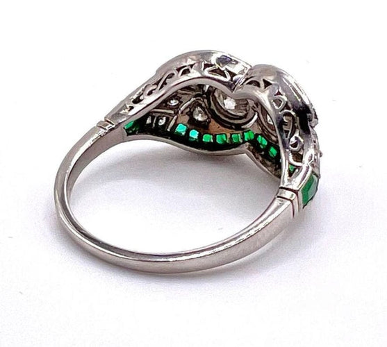 Bague Bague style Art Déco Platine Diamants et Emeraudes. 58 Facettes