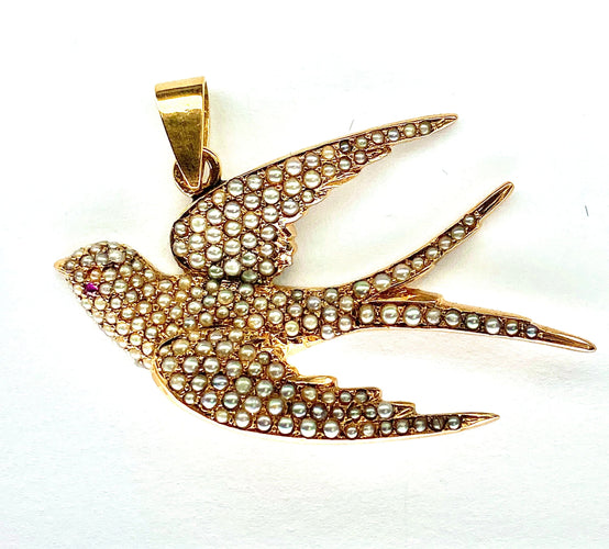 Pendentif Pendentif hirondelle perles fines rubis Napoléon III 58 Facettes