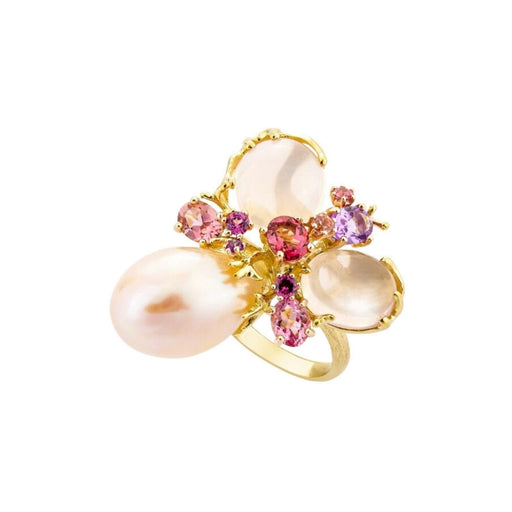 Bague 54 Bague Romance Divine en or jaune 18 carats, perle et quartz rose 58 Facettes CHAT-ROM-RI-PRQ