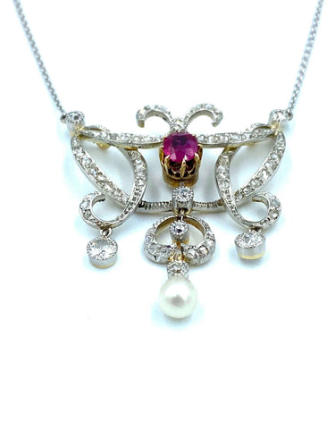 Collier Pendentif Négligé Belle Epoque or, platine, rubis et diamants 58 Facettes