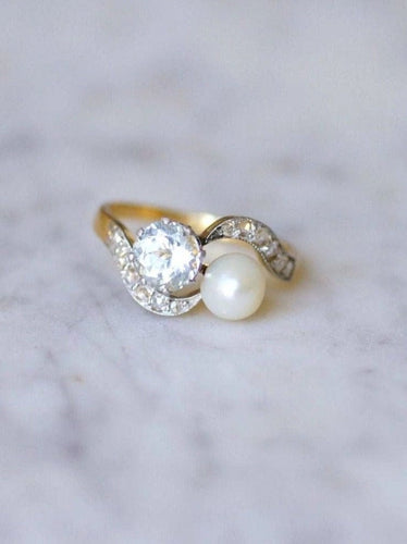 Bague toi et moi ancienne aigue-marine, perle, diamants 58 Facettes