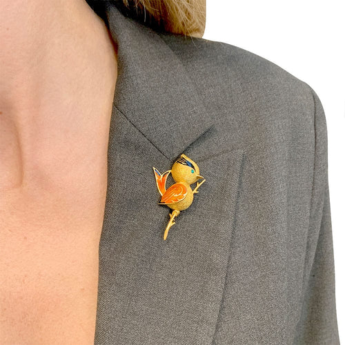 Broche Broche "Oiseau Huppé" or jaune, émeraude, émail. 58 Facettes 31613
