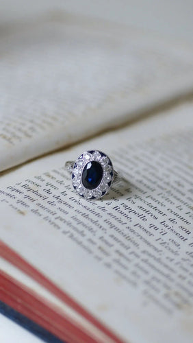 Bague 55 Bague pompadour Art Déco Or blanc Platine Saphir Diamants 58 Facettes