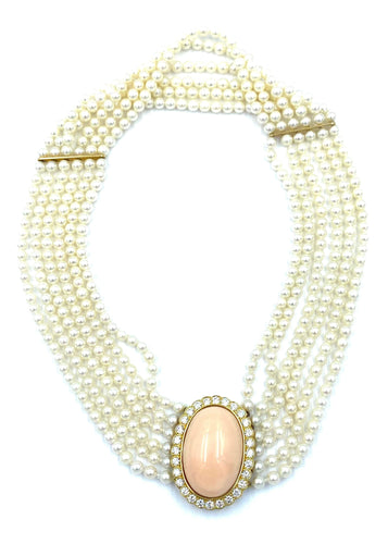 Collier Collier or jaune, perles, corail et diamants 58 Facettes