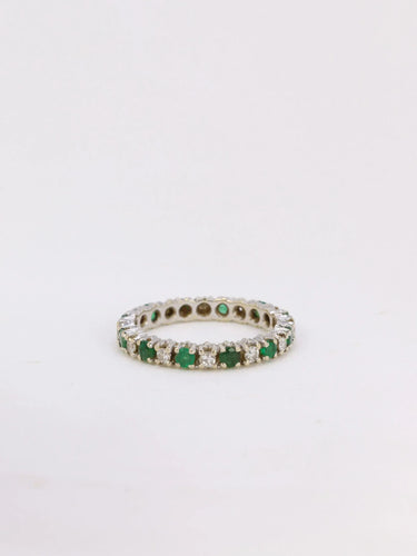 Bague Alliance américaine en or blanc, diamants et émeraudes 58 Facettes J46