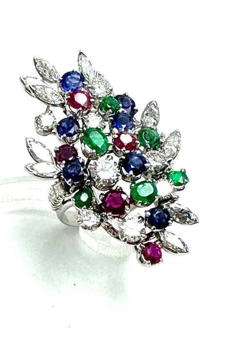 Platina ring “kleuren van het leven” diamant smaragd robijn saffieren