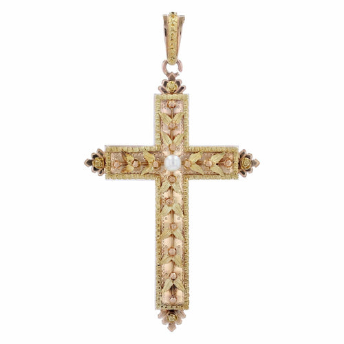 Pendentif Croix ancienne perle ors vert et rose 58 Facettes 22-539