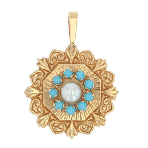 Broche Broche pendentif or jaune perle de culture et perles turquoises 58 Facettes CVBR17