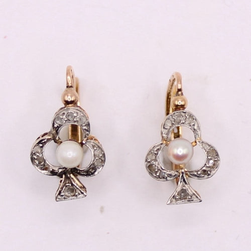 Boucles d'oreilles Dormeuses Art Nouveau Trèfles Diamants et Perles fines 58 Facettes