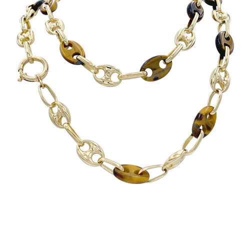 Collier Sautoir vintage grains de café, or jaune et oeil de tigre. 58 Facettes 32491