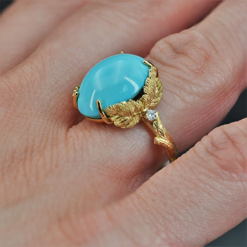 Bague 53 Bague turquoise diamants monture feuillagée 58 Facettes ANTURCH
