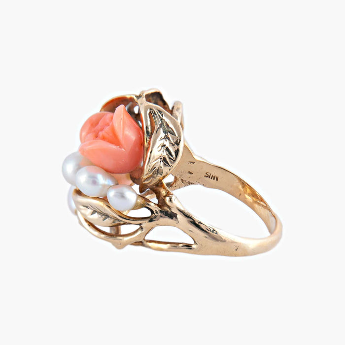 Bague Or Jaune / Corail / 54.5 BAGUE "ROSE" OR, PERLE & CORAIL 58 Facettes BO/220026/27