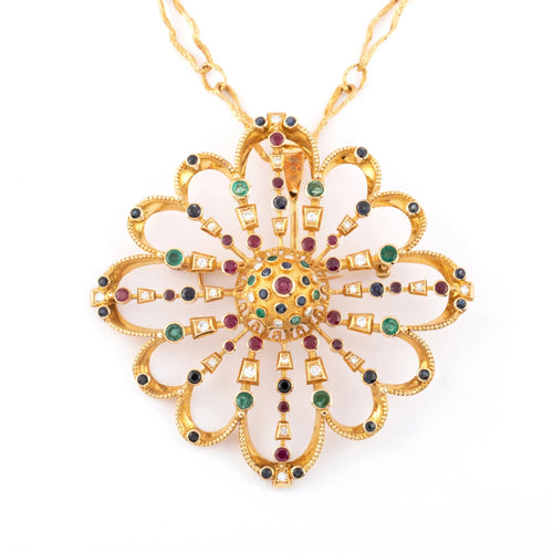 Pendentif Pendentif et broche or jaune du créateur grec Lalaounis ornée de pierres précieuses 58 Facettes