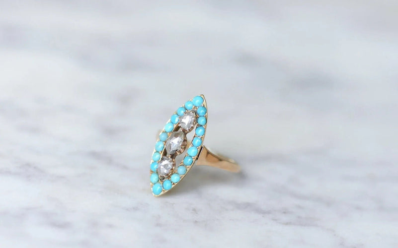 Bague Bague marquise turquoises et diamants 58 Facettes