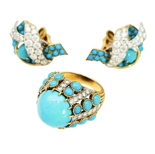 Boucles d'oreilles Parure Cartier Paris, turquoises et diamants. 58 Facettes 30646/30347