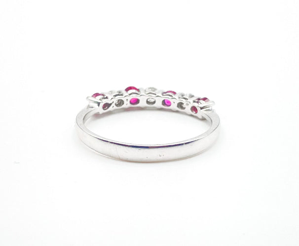 Bague 54 Demi alliance Or blanc Rubis et Diamants 58 Facettes