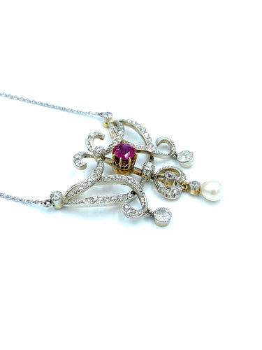 Collier Pendentif Négligé Belle Epoque or, platine, rubis et diamants 58 Facettes