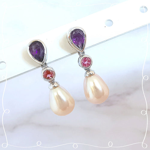Boucles d'oreilles Pendantes perles de culture, améthystes, tourmalines 58 Facettes AA 1559