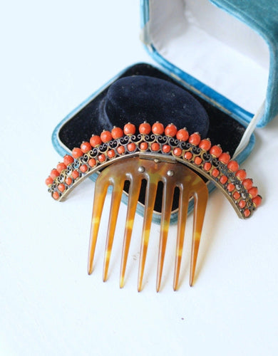 Accessoire Peigne à cheveux, diadème ancien, en corne et corail, sur argent vermeillé 58 Facettes