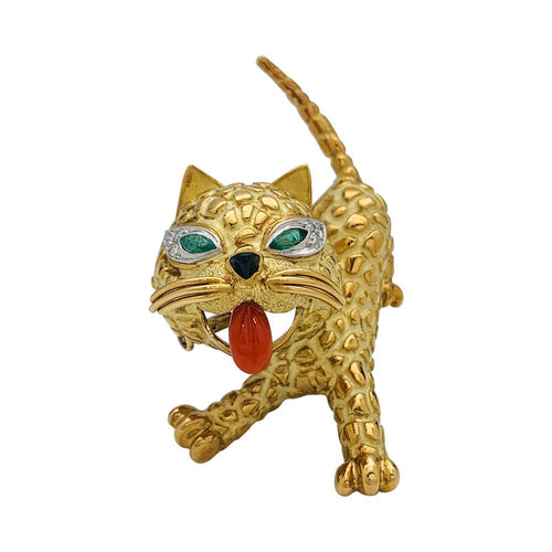 Broche Broche Mauboussin "Chat" en or jaune, corail, diamants et émeraudes. 58 Facettes 31757