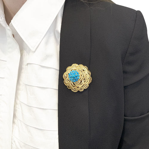 Broche Clip vintage Cartier, or jaune et turquoises. 58 Facettes 33462