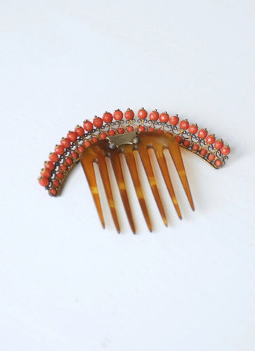 Accessoire Peigne à cheveux, diadème ancien, en corne et corail, sur argent vermeillé 58 Facettes