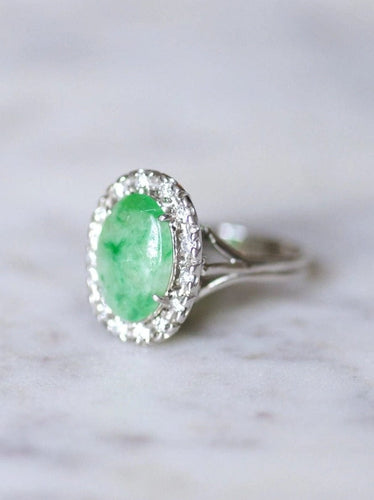 Bague Bague de fiançailles jade entourage diamants sur or blanc 58 Facettes