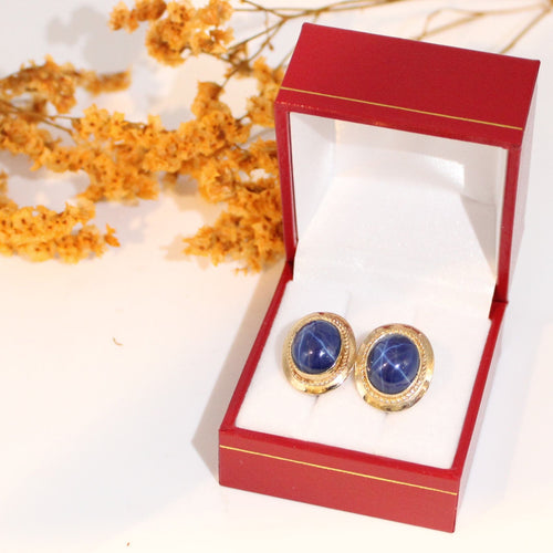 Boucles d'oreilles Boucles d’oreilles ovales en or jaune et Saphirs étoilés 58 Facettes