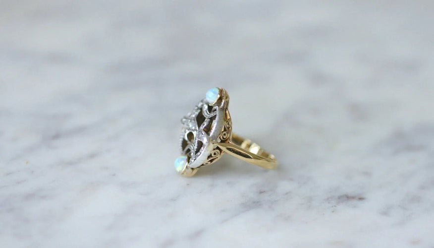 Bague 55 Bague volutes Or jaune Argent Diamants Opales 58 Facettes