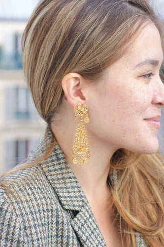Boucles d'oreilles gouttes pendantes orientales en or jaune filigrané, vintage 58 Facettes