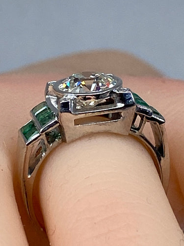 Bague 52 Bague Art Déco Platine, Diamant 1,55cts et Emeraudes 58 Facettes
