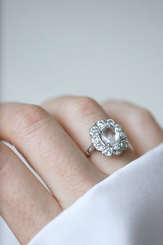 Bague 53 Bague marguerite Art Deco aigue-marine entourage diamants 58 Facettes