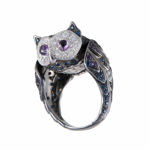 Bague 55 BOUCHERON - Bague Hibou Améthystes Saphirs Diamants 58 Facettes