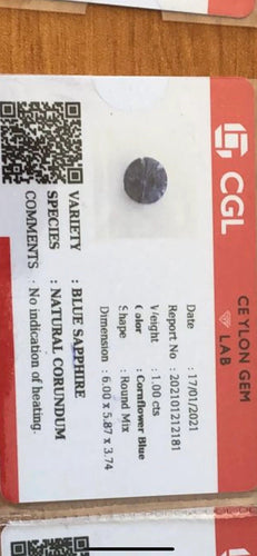 Gemstone Saphir bleu 1.00cts non chauffé certificat CGL 58 Facettes 98