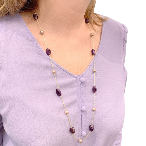 Collier Sautoir or jaune, améthystes, perles Akoya. 58 Facettes 32582