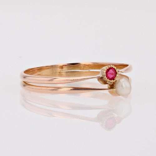 Bague 54 Fine bague Toi et Moi or rose perle et grenat 58 Facettes 23-080