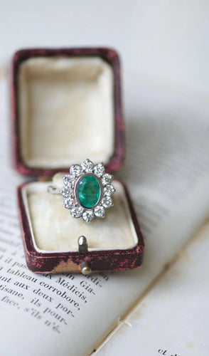 Bague 54 Bague marguerite Or blanc Emeraude Diamants 58 Facettes