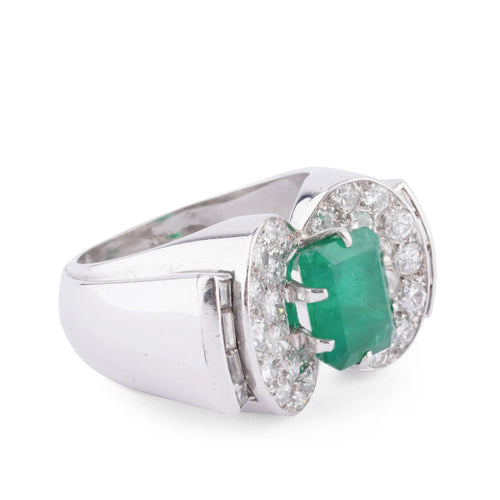 Bague Bague Art Déco Emeraude, Diamants, Or Gris & Platine 58 Facettes 1