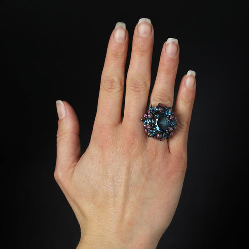 Bague 53 Bague topazes et saphirs roses en argent noirci 58 Facettes 23-297