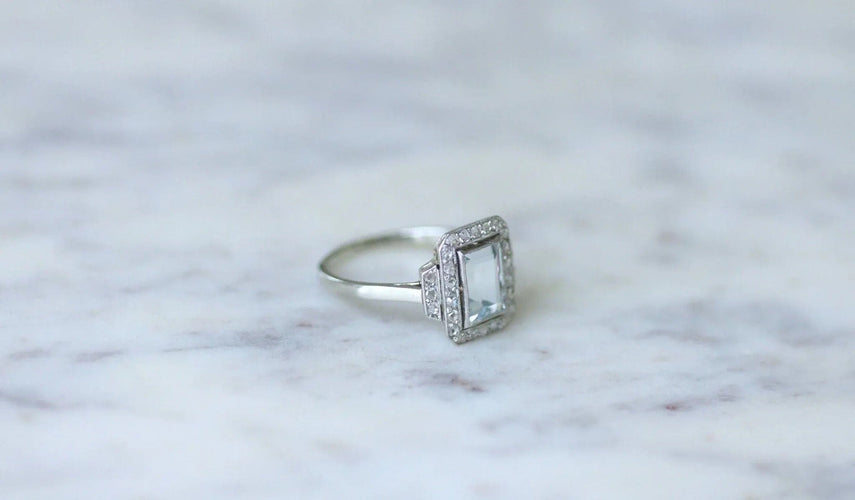 Bague Bague Art Déco aigue-marine diamants 58 Facettes
