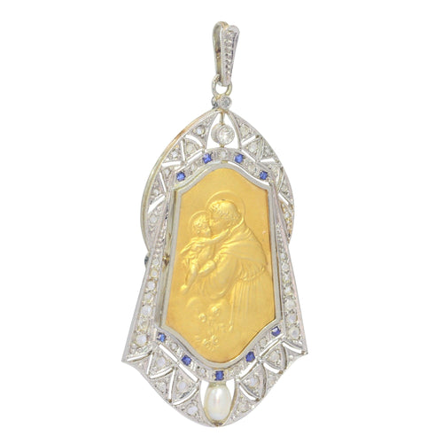 Pendentif Médaille diamants saphirs et perle 58 Facettes 23191-0434