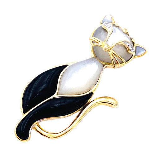 Broche Broche "Chat", or jaune, nacre, onyx, diamants. 58 Facettes 32695