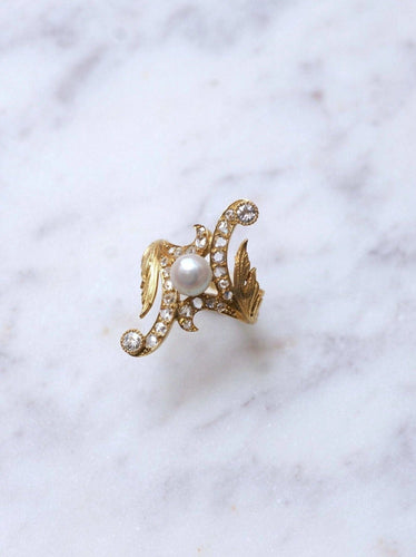 Bague Marquise Style Art Nouveau or 14Kt, diamants, perle 58 Facettes